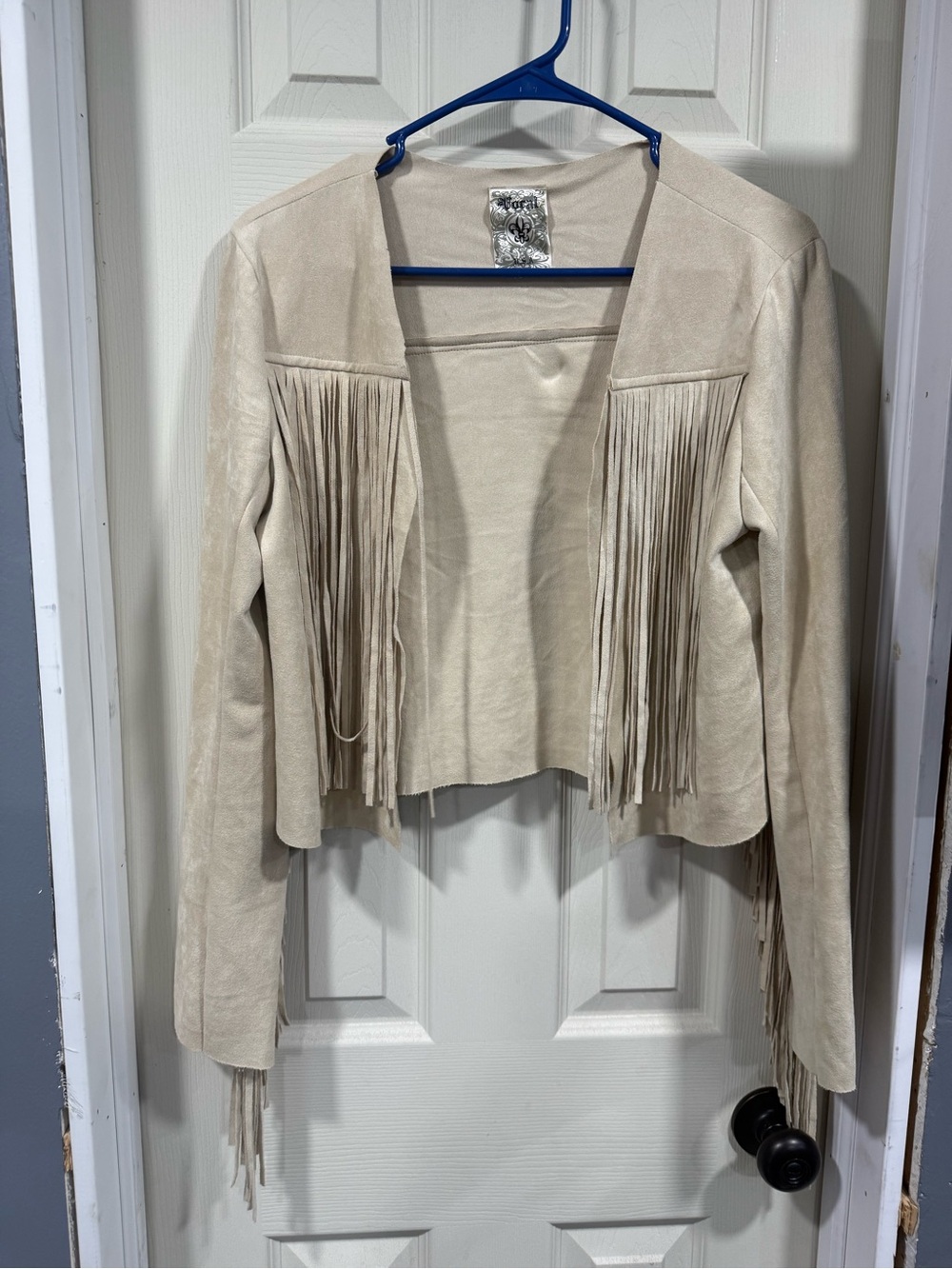 Vocal Cream Suede Fringe Open-Front Jacket